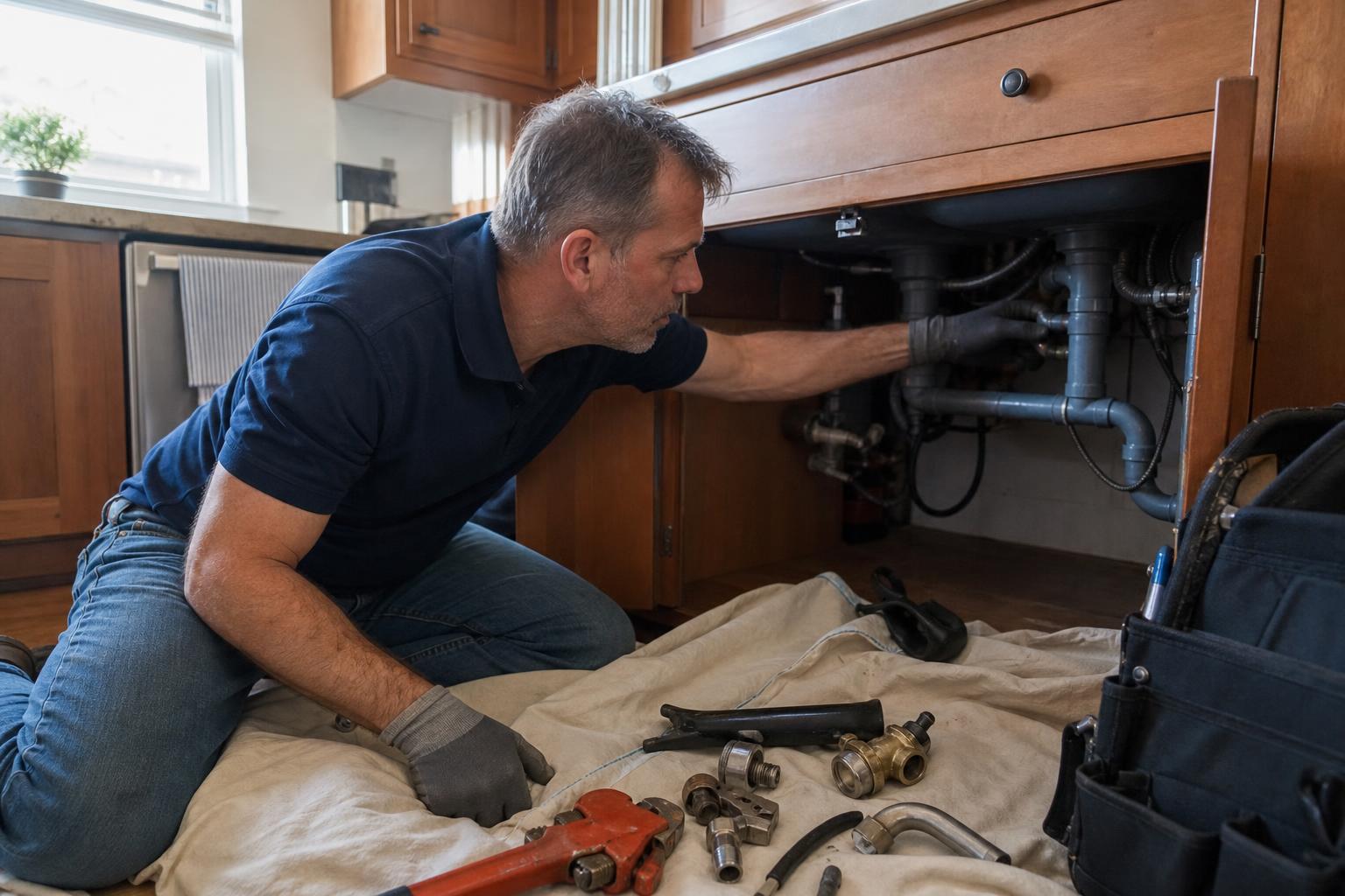 River City Plumbing technician working under a sink